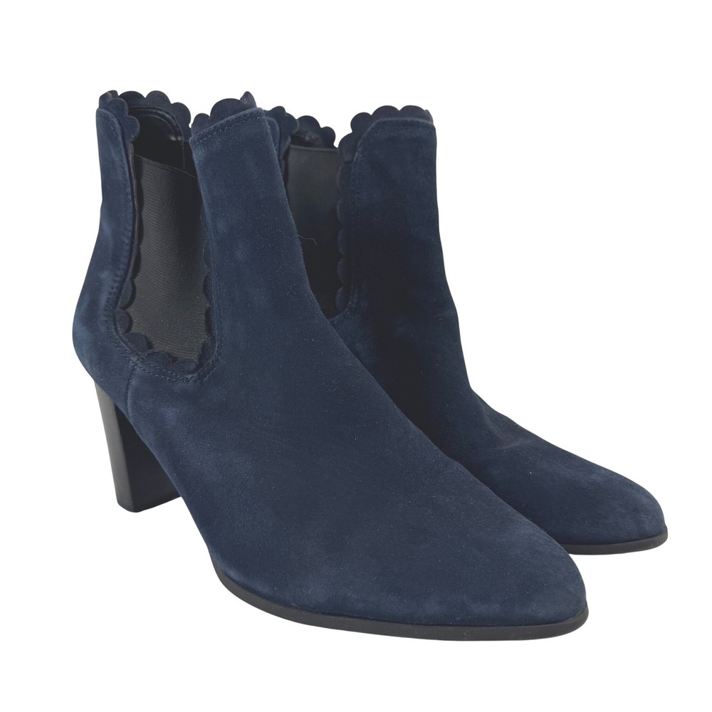 Crown & Ivy Joslyn Navy Blue Suede Scalloped Ankle Boots Block Heel Women's 9.5M